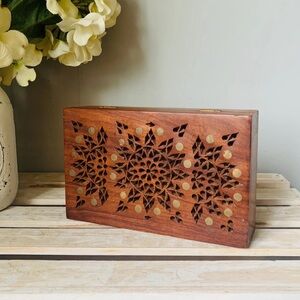 Vintage Wood Brass Inlaid Flowers Jewelry Storage Hinged Keepsake Trinket Box